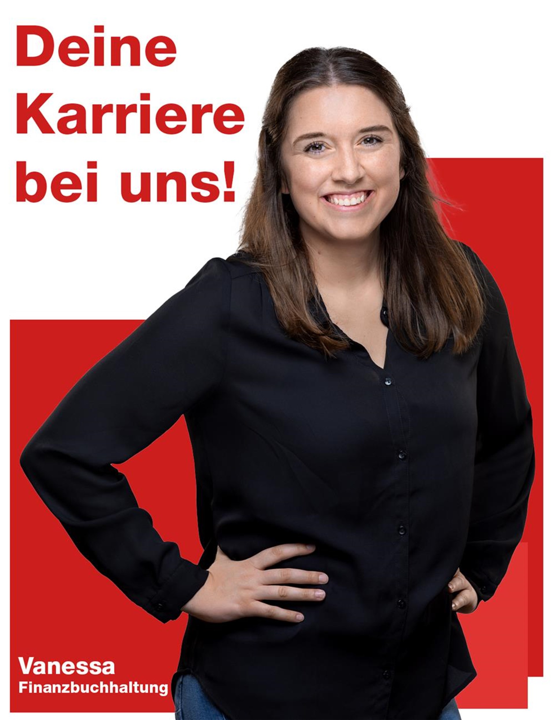 Dunkelhaarige Frau neben Text Deine Karriere bei uns