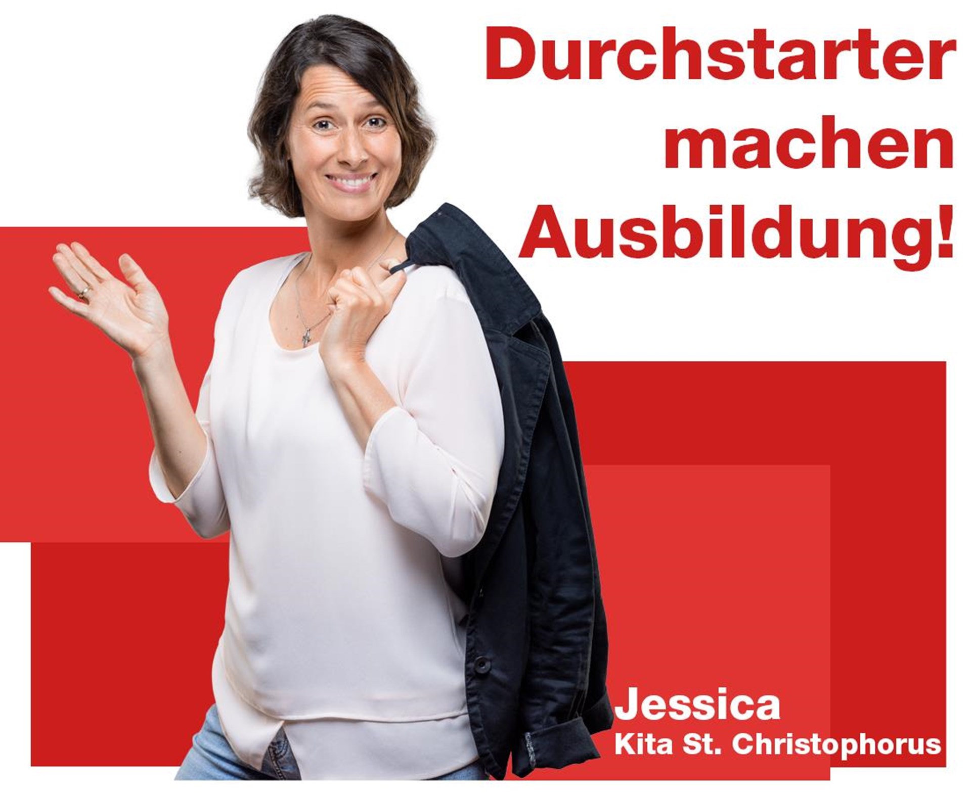 Dunkelhaarige Frau mit Text Durchstarter machen Ausbildung